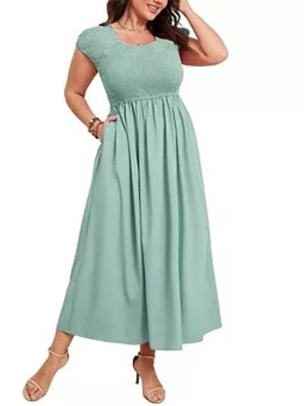 Mint Green Short Sleeve Maxi Dress with Smocked Bodice
